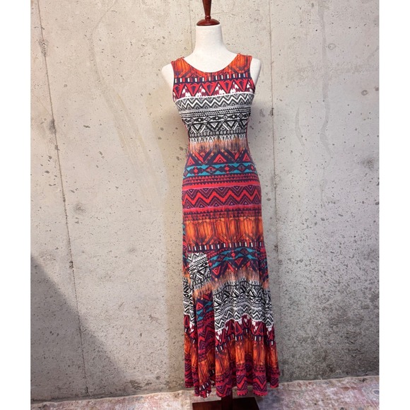 Maria Chiquinha Dresses & Skirts - Maria Chiquinha Maxi Dress Womens Small Orange Tribal Geometric Cutout Boho Art